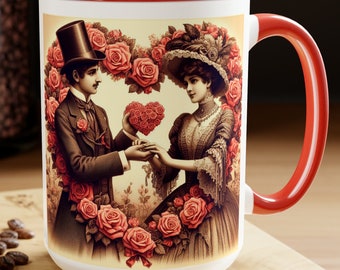 Sweetheart Kaffeetasse: Viktorianische Liebespaar, rosa Rosen, trendige Keramik