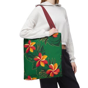 Plumeria Polyester Tote Bag: Hawaiian Floral Beach Bag Red