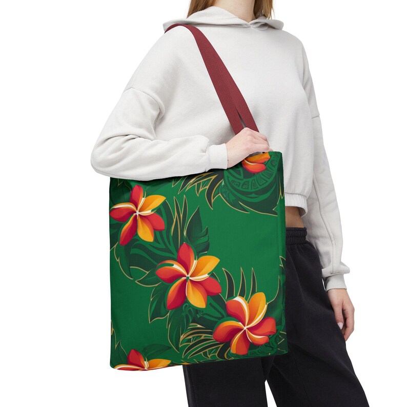 Plumeria Polyester Tote Bag: Hawaiian Floral Beach Bag Red