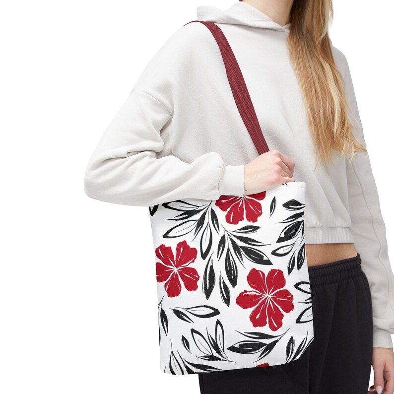 Hawaiian Floral Tote Bag: Custom Spun Polyester Beach Bag Red