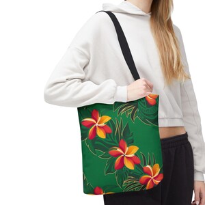 Plumeria Polyester Tote Bag: Hawaiian Floral Beach Bag Black