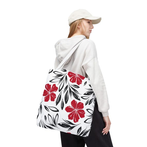 Hawaiian Floral Tote Bag: Custom Spun Polyester Beach Bag