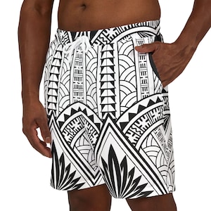 Tribale unisex zwemshort, zwart-wit strandshort met patroon voor zomervakantie, sneldrogende zwembroek voor zwembadfeesten, verstelbare taille, zijkant