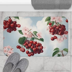 Cherry Flower Memory Foam Bathmat, Red Fruity Anti-Slip Bathmat, Fruit Bathroom Rug, Girls Cute Bathroom Decor, Shower Mat, Non-Slip Rug