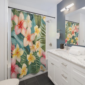 Tropical Plumeria Floral Shower Curtain: Hawaiian Bathroom Decor