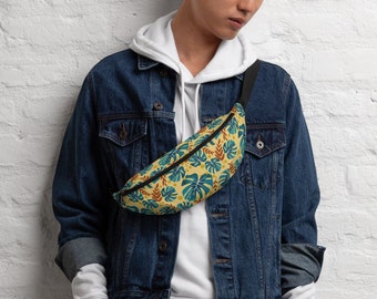 Sac banane tropical chic jaune-bleu avec feuilles de Monstera - Sac banane résistant à l'eau pour des aventures élégantes