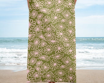 Serviette de plage florale groovy - Imprimé olive et rose | Vacances d'été, Croisière indispensable, Shower nuptiale, EVJF | Doux et absorbant