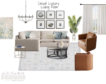 Lässiges Luxus Wohnzimmer Design Board mit Shopping Links