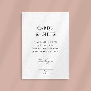 Letrero para tarjetas y regalos de boda, impresiones personalizadas para recepción, diseño minimalista, letrero pequeño para una boda elegante, impresiones de boda de lujo