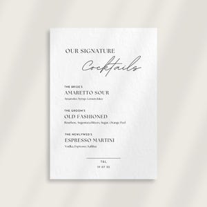 Cocktails signature de mariage, Impressions personnalisées pour la réception, Design minimaliste, Petite enseigne pour mariage élégant, Impressions de mariage de luxe