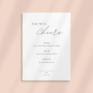 "Hochzeits-Bar-Menü-Schild, personalisierter Empfang, minimalistisches Design, kleines Schild für elegante Hochzeit, luxuriöse Hochzeitsdrucke."