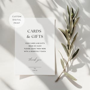 Letrero con tarjetas y regalos de boda, impresión de recepción personalizada, diseño minimalista, letrero pequeño para una boda elegante, archivo digital personalizado