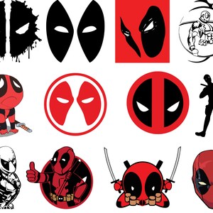 以下が含まれることがあります： 10種類の異なるデッドプールのロゴとイラストの集まり。ロゴは赤と黒で、イラストは白黒。ロゴはデッドプールの特徴的なマスクと目をフィーチャーしています。イラストには、デッドプールのカートゥーンバージョン、デッドプールのシルエット、剣を持ったデッドプールが含まれています。