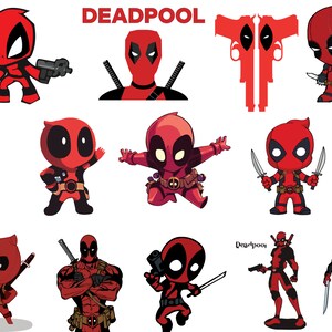 以下が含まれることがあります： 様々なポーズをとったデッドプールのデジタルイラスト。画像は赤と黒の配色で、「DEADPOOL」というテキストが含まれています。
