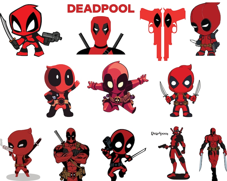 以下が含まれることがあります： 様々なポーズをとったデッドプールのデジタルイラスト。画像は赤と黒の配色で、「DEADPOOL」というテキストが含まれています。