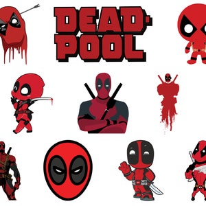 以下が含まれることがあります： 架空のスーパーヒーロー、デッドプールのデジタルクリップアート画像10点セット。画像には、マスクをつけた頭部、全身画像、ちびキャラスタイルのキャラクターなど、デッドプールのさまざまなポーズと表情が含まれています。画像は赤と黒で、テキスト「DEADPOOL」は赤い文字で表示されています。