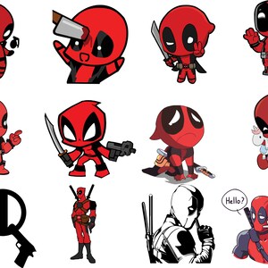 以下が含まれることがあります： スーパーヒーローのデッドプールを様々なポーズと表情で描いたデジタルイラスト12点のセット。イラストはカートゥーンスタイルで、デッドプールは特徴的な赤と黒の衣装を着ています。