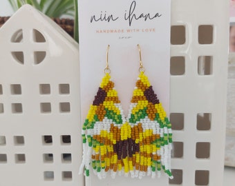 Handwoven beaded earrings, fringe earrings, sunflower, stainless steel, miyki seed bead earrings, handmade earrings, colorful