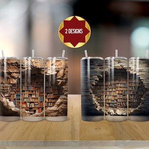 3D Boeken 20 oz Skinny Tumbler Sublimatie Ontwerp, 2 Ontwerpen, Instant Digitale Download PNG, 3D Boekenplank Tumbler, Boekenliefhebber, Recht en taps toelopend