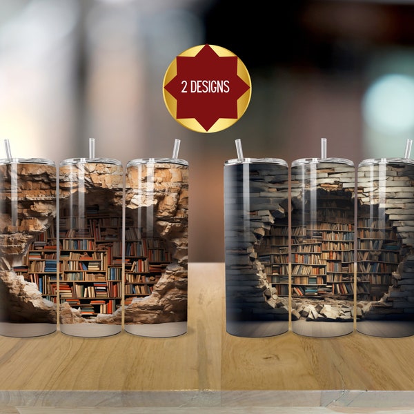 3D Books 20 oz Skinny Tumbler Sublimation Design, 2 Designs, Instant Digital Download PNG,3D Bookshelf Tumbler,Book Lover, Straight&Tapered