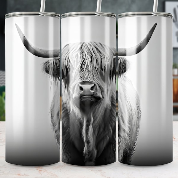 Highland Cow Black and White 20 oz Skinny Tumbler Sublimation Design, Straight And Tapered Tumbler Wrap, Instant Digital Download PNG, #519