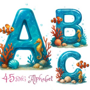 Alfabeto submarino PNG l 45 letras, números y símbolos con temática marina l Lindo pez payaso caballito de mar Clipart, Descarga digital para manualidades infantiles