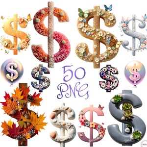 Pacchetto alfabeto digitale simbolo del dollaro - 50 PNG, Clipart denaro, Download immediato, Simbolo del dollaro PNG, Denaro PNG, Disegni a sublimazione