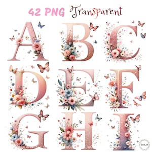 42 élégant alphabet floral clipart PNG - rose chatoyant avec fleurs épanouies et papillons joyeux - téléchargement numérique pour police de caractères de mariage