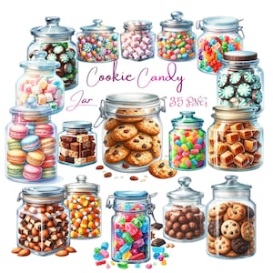 Op de afbeelding: Een verzameling van 15 glazen potten gevuld met verschillende lekkernijen, waaronder koekjes, snoep en marshmallows. De potten zijn in een halve cirkel op een witte achtergrond gerangschikt. De tekst "Cookie Candy Jar 35 PNG" is geschreven in roze en paarse letters op een witte banner.