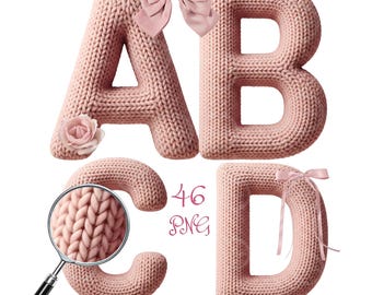 Knitted Letters - Alpha Sets PNG, 3D Crochet Font, Yarn Letters, Alphabet Bundle, Romantic Clipart
