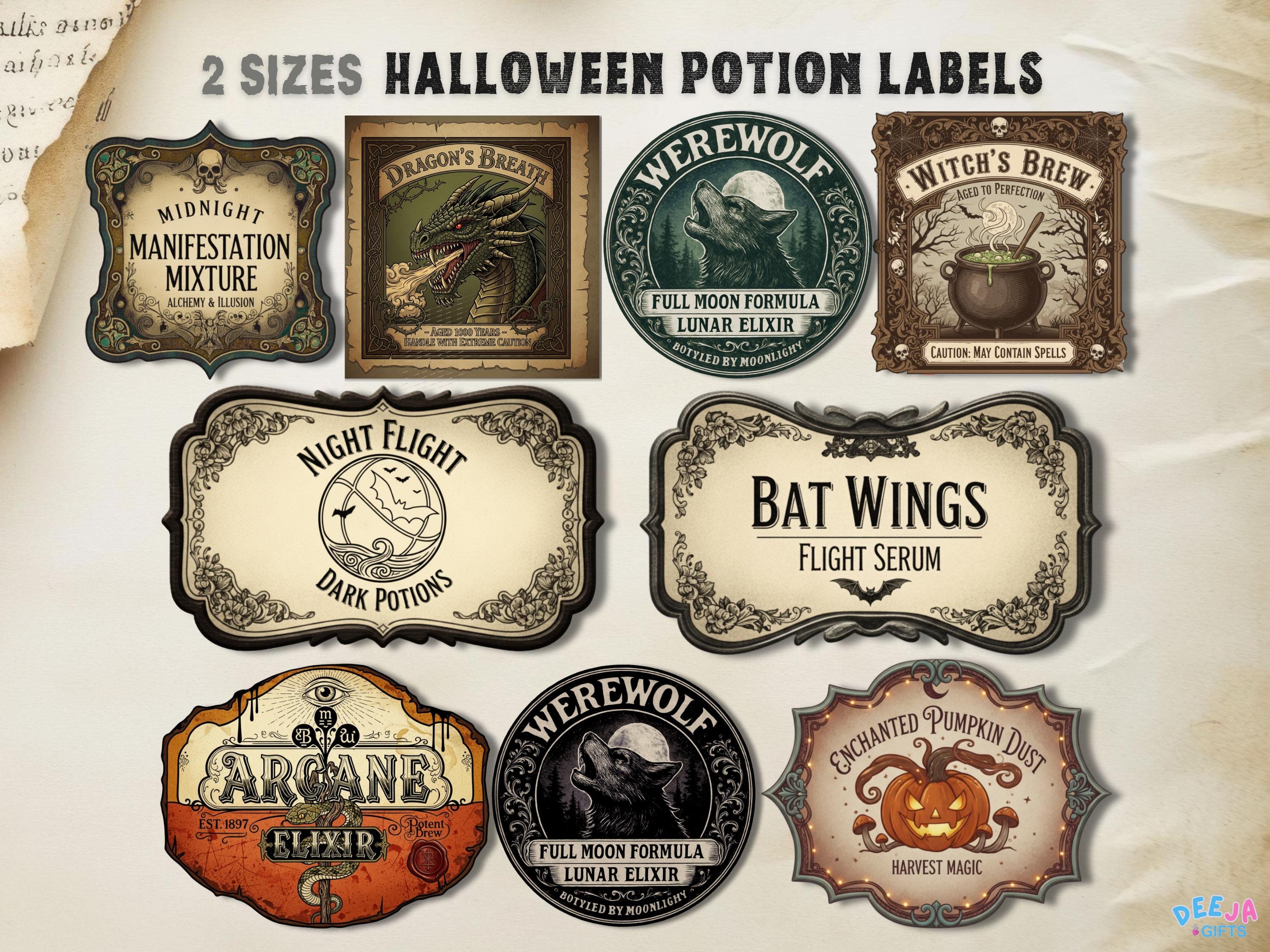 Vintage Halloween Potion Labels: Magic Witchcraft Bottle Art (PNG & PDF ...