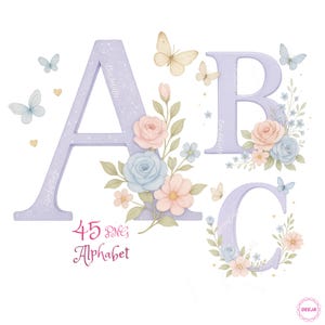 Alfabeto floral lavanda PNG: Letras, números y símbolos en acuarela (descarga digital)