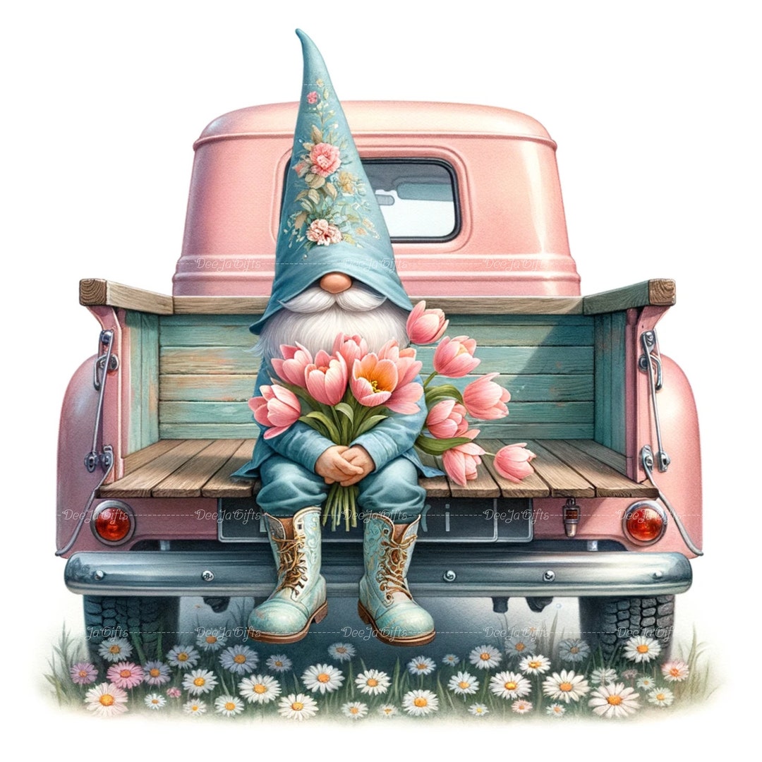 Spring Truck Gnome Clipart, Digital Download, Spring Gifts, Watercolor ...