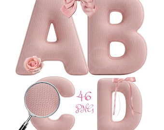 Knitted Letters - Faux Yarn PNG, blush Pink Yarn, Crochet Font, Alphabet Bundle, Romantic Clipart
