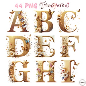 Spring Blossoms alfabet PNG's - gouden glinsterende bloemenletters, 44 digitale alfabetafbeeldingen downloaden | Clipart van 3000 px voor uitnodigingen en knutsels