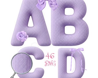 Knitted Letters - Faux Yarn PNG, Lavender Yarn, Crochet Font, Alphabet Bundle, Romantic Clipart