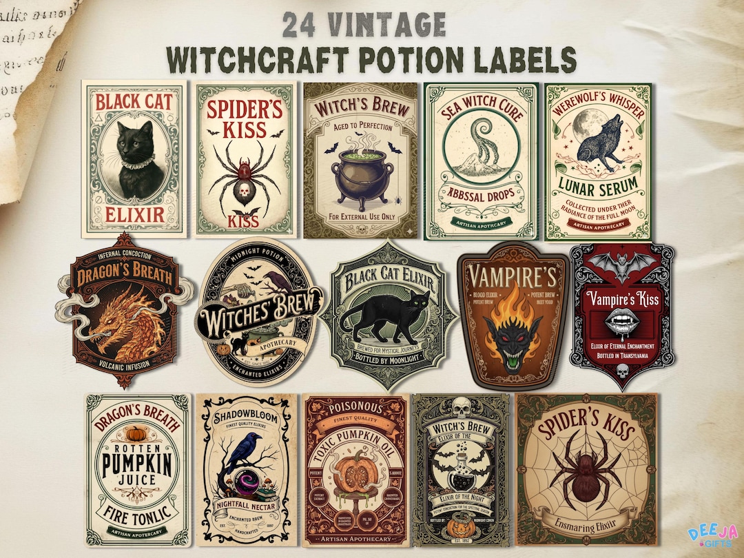Vintage Halloween Potion Labels: Magic Witchcraft Bottle Art (PNG & PDF ...