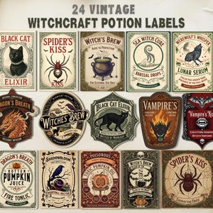 Vintage Halloween Potion Labels: Magic Witchcraft Bottle Art (PNG & PDF), Personalized - Holiday Gifts
