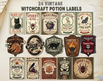Etiquetas vintage para pociones de Halloween: Arte mágico para botellas (PNG y PDF), personalizadas - Regalos navideños