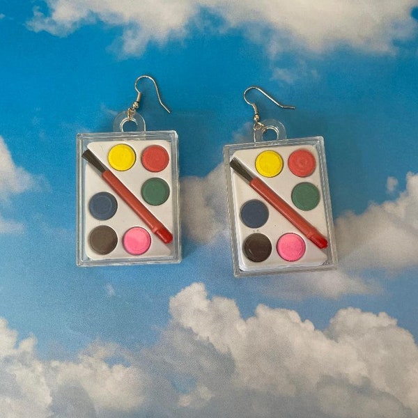 Tiny Watercolor Paint Palette Drop Earrings with Paint Brush