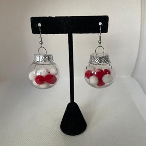 Christmas Ornament Drop Earrings Filled with White and Red Pom Poms