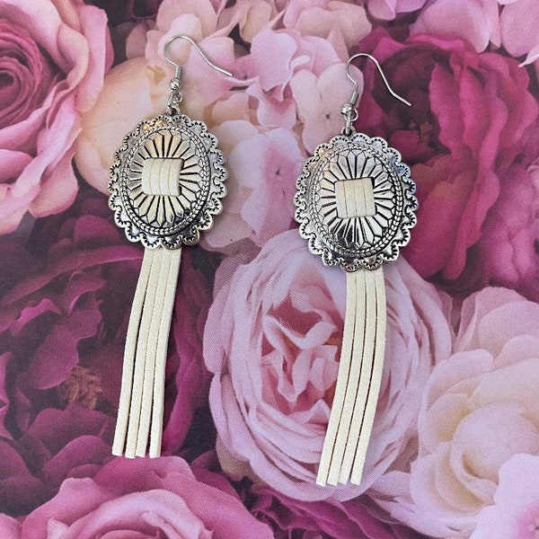 Silver and White Bolo Tie-Inspired Tassel Drop Earrings