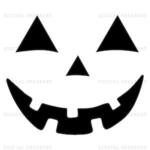 Pode incluir: Silhueta preta e branca de um rosto de abóbora com um sorriso largo e olhos triangulares.