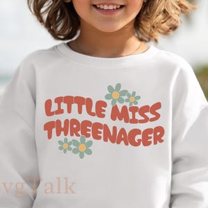 May include: White sweatshirt with the text "Little Miss Threenager" in red with a retro font and three green and white flowers.