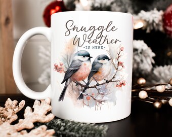 Bird Lovers Gift, Unique Holiday Gift, 11oz White Ceramic Mug,  Cute Small Birds Theme, Winter Theme,  Gift Mom, Gift Wife, Bird Lovers