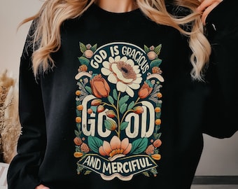 Sudadera cristiana floral, suéteres de flores vintage de Sus Misericordias, camisas con versículos de la Biblia, cuello redondo acogedor, inspirado en la fe, ideas de regalos religiosos