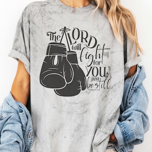 The Lord Will Fight For You Christian T-Shirt, Exodus Inspirational Tee, Comfort Colors™, Color Blast Shirt, Faith-Based Boxing Gloves Shirt