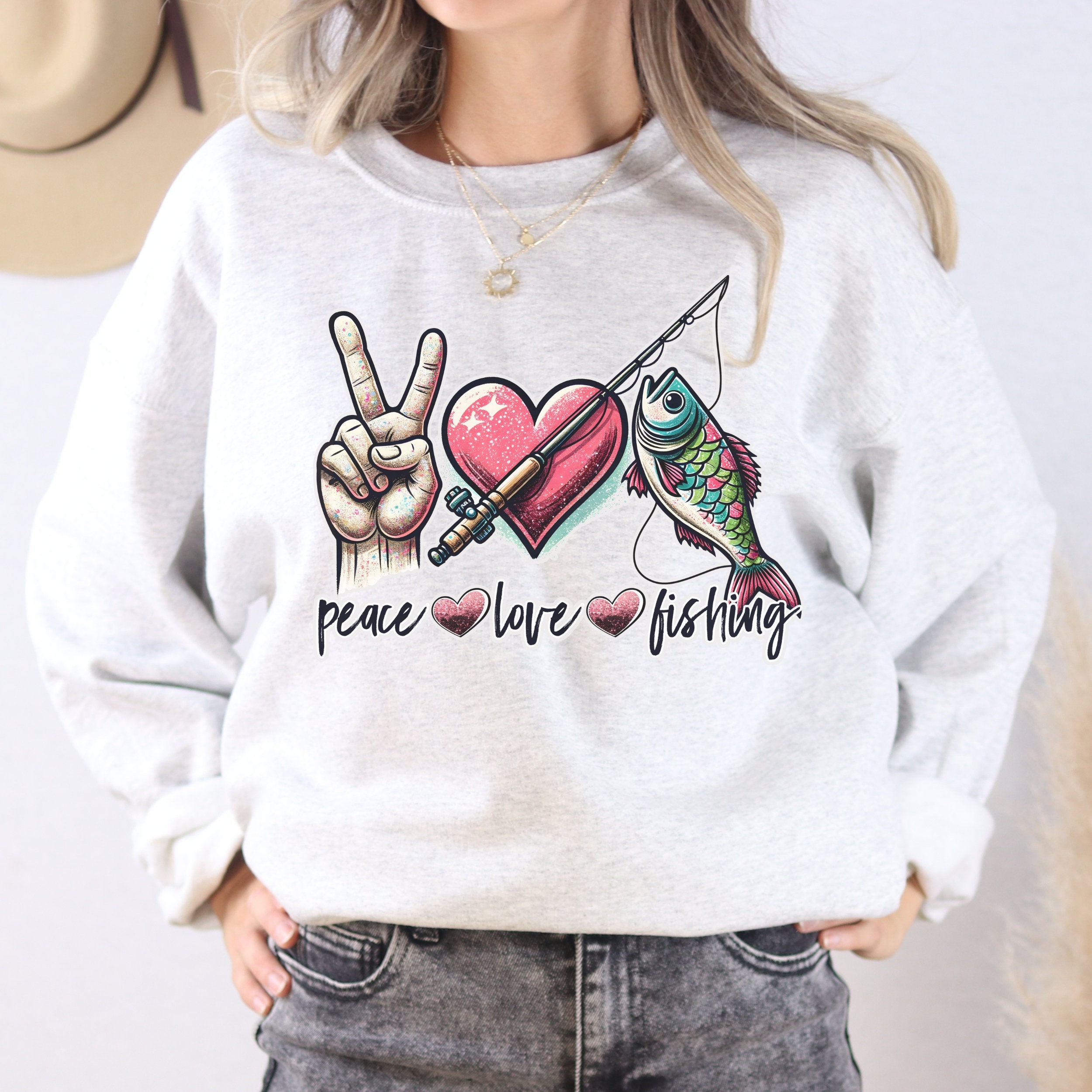 Peace Love Fishing Sweatshirt, Women's Fishing Sweater, Funny Fishing  Shirts, Gift For Fishing Wife, Peace Sign Sweaters, Women's Crew Neck