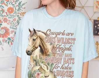 Western Cowgirl Horse Lover T-Shirt, Comfort Colors™ Shirt, Cactus & Floral Art, Christian Cowgirls Shirt, God's Wildest Angels Cowgirl Gift