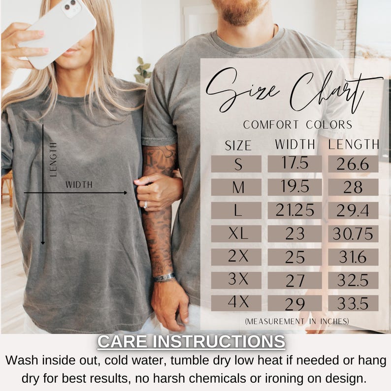Puede incluir: Tabla de tallas para camisetas Comfort Colors. La tabla muestra el ancho y la longitud en pulgadas para las tallas S a 4X. Instrucciones de cuidado: lavar del rev&eacute;s, con agua fr&iacute;a, secar a baja temperatura si es necesario o colgar para secar para obtener los mejores resultados, no usar productos qu&iacute;micos agresivos ni planchar sobre el dise&ntilde;o.